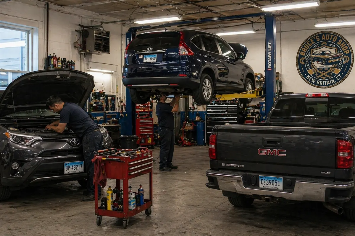 Inside Bruce's Auto Shop, vehicles on the lifts with the team at work
